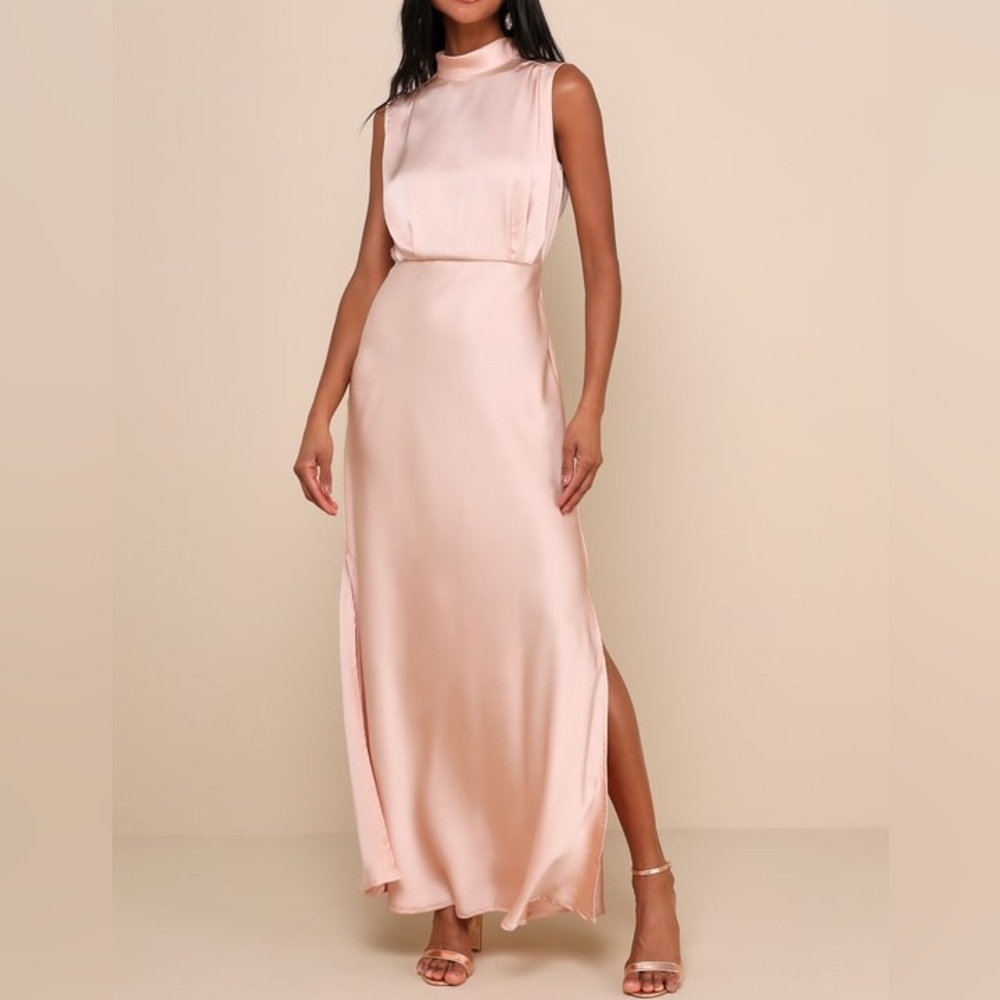 Lulu’s Classic Elegance Blush Satin Sleeveless Mock Neck Dress